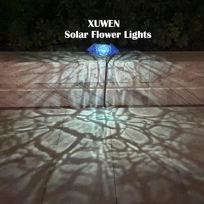 XUWEN Solar Lights Outdoor Waterproof - Blue Solar Flower Lights with Crackle Globe Glass Light, Hanging Lanterns | Lumora
