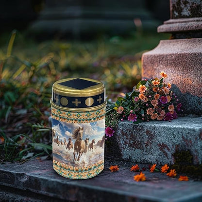 Western Aztec Horse Solar Garden Lights Outdoor Pathway Light for Yard Patio Driveway,Cemetery Decoration for Grave Flameless Warm White Lights LED Solar Lantern,Wall Light Auto On/Off