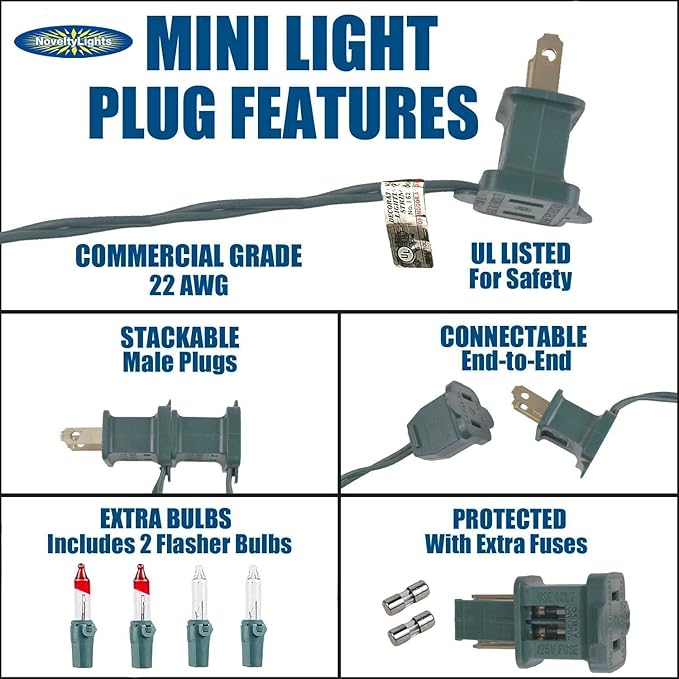 Novelty Lights 11 Feet 50 Bulbs Traditional Incandescent Mini Lights, Yellow on Green Wire with 2.5" Spacing, Commercial Grade and UL Listed for Indoor/Outdoor Use, End-to-End Connectable
