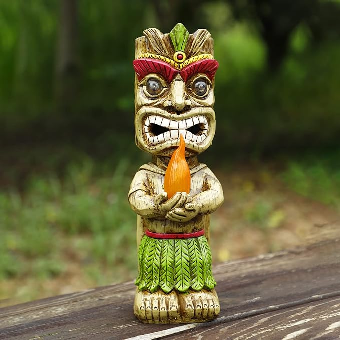 13" Tall Solar Torch Tiki Garden Statue, Resin Large Tiki Decor Figurine with Solar Lights, Hawaiian Tiki Man | Lumora