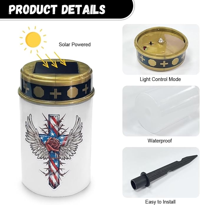 American Wings Cross Cemetery Solar Powered Lights Auto On/Off Solar Garden Stake Lights Landscape Lights Cemetery Decorations for Grave Outdoor Lights for Loss of Loved One