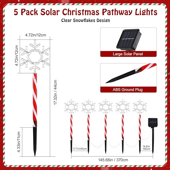 Lewondr Solar Christmas Pathway Lights, 5 PCS Solar Christmas Decorations Outdoor with 2 Lighting Modes, Clear Snowflake Lights with Red Pole and Garden Stake, Waterproof Yard Lawn Patio Holiday Decor
