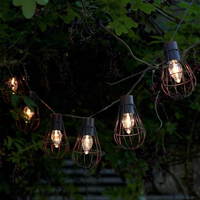 Solar Bulbs String Light,Metal Shade/Wire Cage-10 LED Bulbs Outdoor Fairy Lights Vintage String Lights Decoration for Garden Patio Cafe Porch