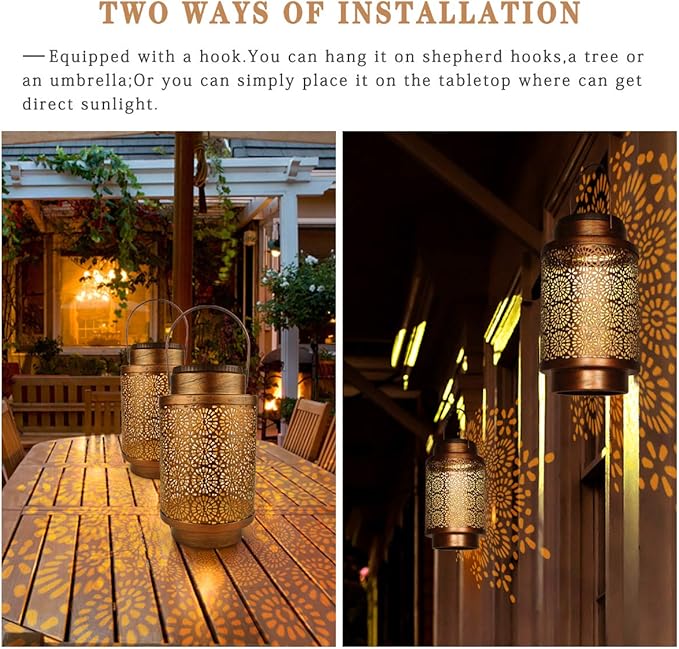 2 Pack Solar Lanterns, Outdoor Waterproof Hanging Led Lanterns, Metal Decorative Garden Lights, Solar Outdoor Lights Decor for Table Patio Yard Pathway, Bronze