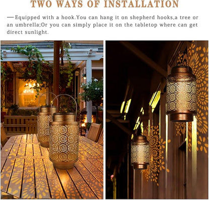 2 Pack Solar Lanterns, Outdoor Waterproof Hanging Led Lanterns, Metal Decorative Garden Lights, Solar Outdoor Lights Decor for Table Patio Yard Pathway, Bronze
