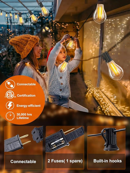 DAMAING Outdoor String Lights 120FT Waterproof Patio String Lights with 63 Shatterproof Dimmable A39 LED Bulbs, Connectable Outdoor Lighting for Backyard Porch Bistro and Balcony 2200K Black Cord