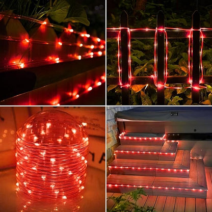 Solar Rope Lights, 33ft 100LED Solar String Lights, 8 Modes Waterproof Solar Powered Outdoor Light, Flexible Clear Tube Light for Garden Backyard Patio Deck Porch Pool Tree Christmas Decoration - Red