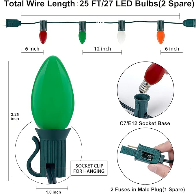 SUNSGNE C7 LED Outdoor Christmas Lights, 25ft Vintage Christmas Lights with 27 LED Plastic Colored Bulbs(2 Spare) | Lumora