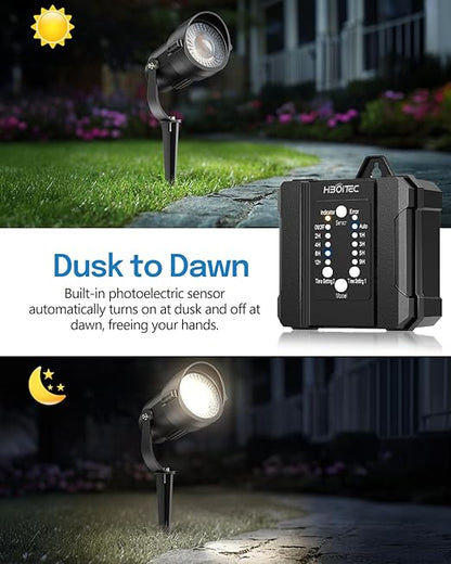 HIBOITEC Low Voltage Landscape Lighting 1200LM 12W with Connectors 100W Transformer Photocell Sensor and Timer Spotlights Landscape Lights Kit IP65 Waterproof 5000K for House Yard Trees Garden 8 Packs