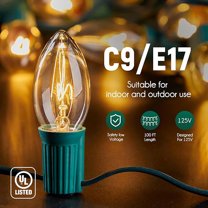 Brightown C9 Light Strand, 100 FT Outdoor String Lights Christmas Stringer with 100 Sockets for Christmas Decor | Lumora