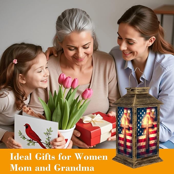 Solar Lantern Outdoor Waterproof Christian Cross American Retro Patriotic Independence Day 4th July Garden Decor LED Solar Lights Hanging/Tabletop Lamp Gifts for Women Mom for Outside Yard Patio