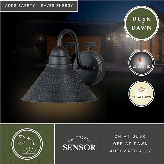 VAXCEL Outland 9 in. H 1-Light Aged Iron and Light Gold Dusk to Dawn Sensor Farmhouse Outdoor Wall Sconce, Gooseneck Metal Shade, Dark Sky Compliant for Exterior Porch Patio Front Door or Garage