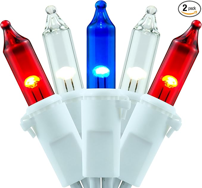 YULETIME 200 Red, White & Blue Christmas Lights, Pack of 2 Sets 33 Feet 100 Count Incandescent-Like LED Mini String Lights (Red, White & Blue - White Wire)