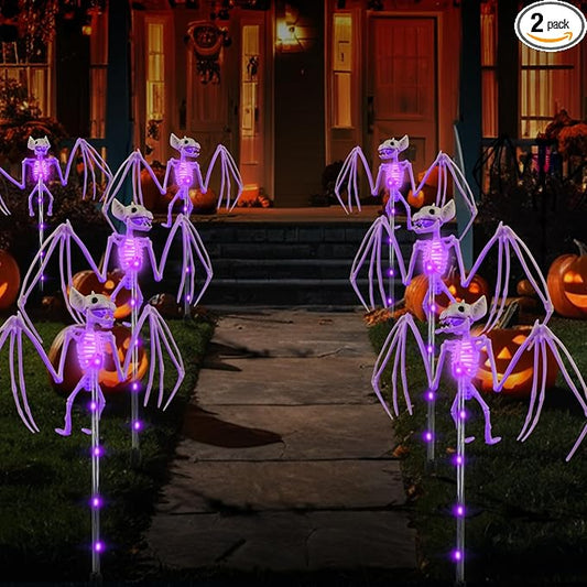 Halloween Decorations Outdoor Solar Garden Lights,2PCS of Set 3D Scary Bat Realistic Skeleton Outside Decor,Solar Creepy Bats Path Lights for Grave/Yard/House/Halloween Party Gifts Decor Purple