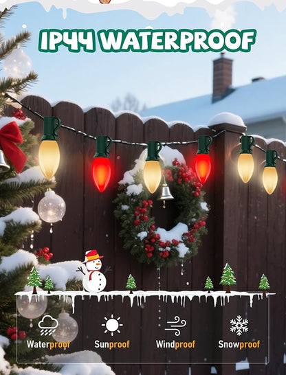 25Ft C9 LED Christmas Lights Red and Warm White, Vintage Christmas String Lights with 27 LED Red and White Bulbs, Extendable Plug in String Lights for Tree Patio Wedding Xmas Decor