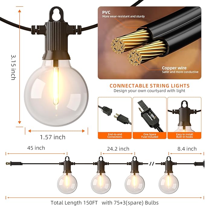 Kawaya String Lights for Outside,150FT LED Outdoor String Lights Waterproof Patio Lights with 72+3 Shatterproof | Lumora