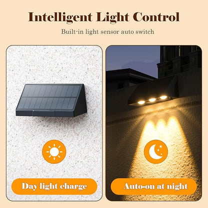 Solar Wall Light Outdoor-2 Pack, Three-Bulb IP65 Waterproof 60 Lumens, Warm White Lighting Auto ON/Off Deck Lighting for Wall for Patio, Backyard, Steps, Deck, Fence