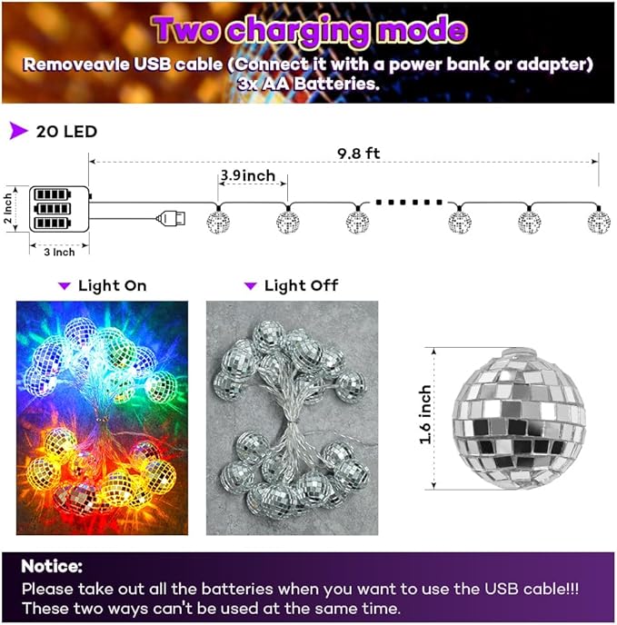 AceList 20 LED Disco Ball Mirror LED Party String Light Christmas Lanterns for Holiday Wall Window Tree Decorations Indoor Outdoor Patio Party Yard Garden Kids Bedroom Living Dorm (Multicolor)