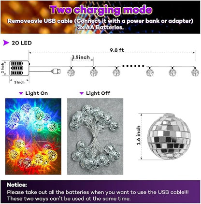 AceList 20 LED Disco Ball Mirror LED Party String Light Christmas Lanterns for Holiday Wall Window Tree Decorations Indoor Outdoor Patio Party Yard Garden Kids Bedroom Living Dorm (Multicolor)