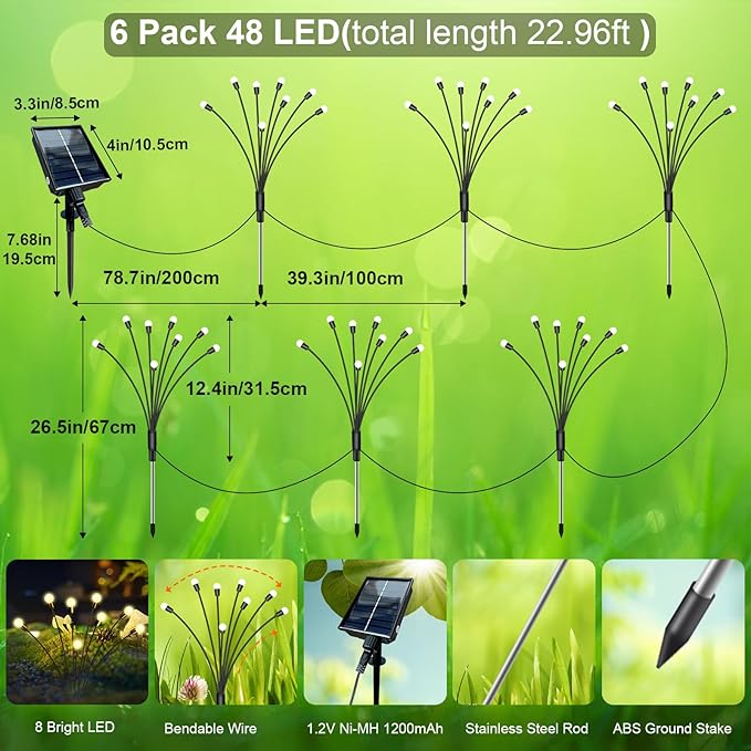 New Upgraded Solar Garden Lights, 6 Pack 48 LED Solar Firefly Lights Outdoor Waterproof, Solar & USB charging, 19 Modes Timer Swaying Light for Yard Pathway Patio Landscape Outdoor Decoration Lights
