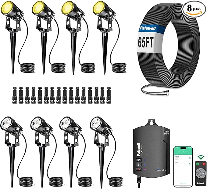 8-Pack Low Voltage Landscape Lighting Kit with WiFi 72W Transformer, 3W LED Spotlights with 65ft Cable, App and | Lumora