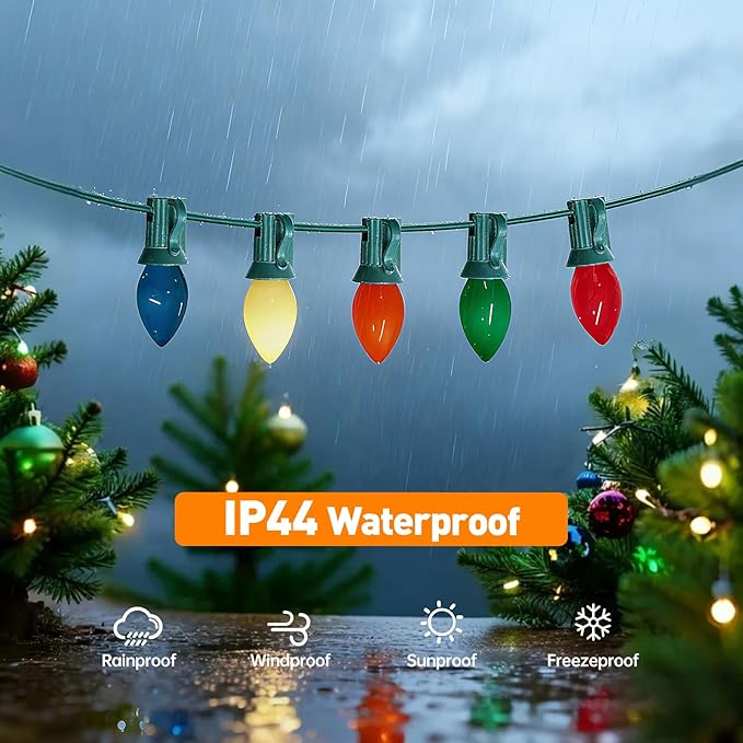 C7 Christmas Lights Outdoor, 25FT Vintage String Lights with 27 Multicolor Ceramic Bulbs for Patio Backyard Balcony Porch Decor, UL Listed, Waterproof Connectable, Classic Incandescent Glow