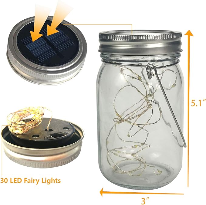 CANDLE CHOICE Solar Powered Mason Jar Lights Outdoor Waterproof 30 Mini Warm White LED Fairy Starry Firefly Lanterns Garden Table Patio Backyard Tree Lawn Porch Wedding Christmas Decorations 6 Pack