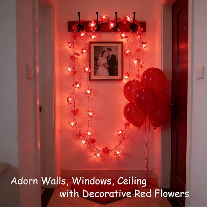 100 LED Red Cherry Blossom Flowrer String Lights, 33 FT Plug in Fairy Floral Lamp with 8 Modes, Flexible Clear Wire | Lumora