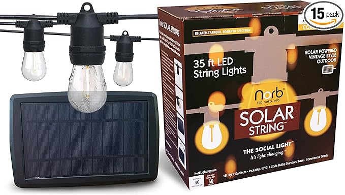 Norb Solar String Lights Outdoor 35FT – NorbSOLAR Weatherproof LED Patio Lights with Warm Candle-Like Glow, Shatterproof Vintage Bulbs, Solar Powered & Energy-Efficient, Outdoor & Event Use