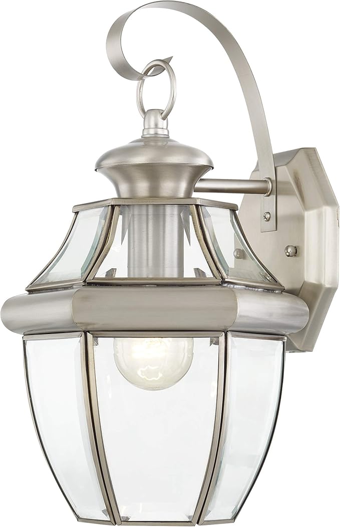 Livex Lighting 2151-91 Monterey 1 Light Outdoor Brushed Nickel Finish Solid Brass Wall Lantern with Clear Beveled | Lumora