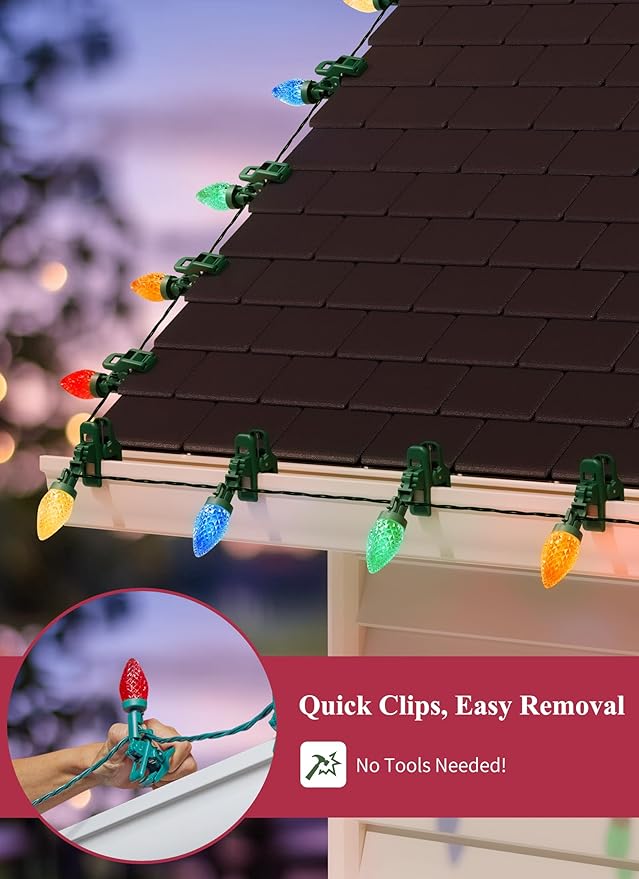 C9 LED Christmas Lights Outdoor, 68 Feet 100 LED Strawberry String Lights with 100 Spring Clamps, Waterproof Commercial Grade Extendable for Outside Roofline Patio Home Xmas Decoration, Multicolor