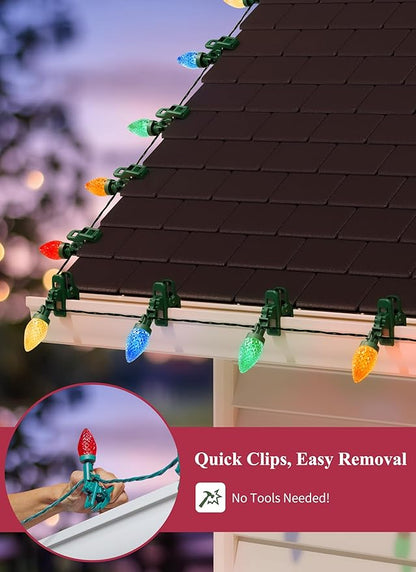 C9 LED Christmas Lights Outdoor, 68 Feet 100 LED Strawberry String Lights with 100 Spring Clamps, Waterproof Commercial Grade Extendable for Outside Roofline Patio Home Xmas Decoration, Multicolor