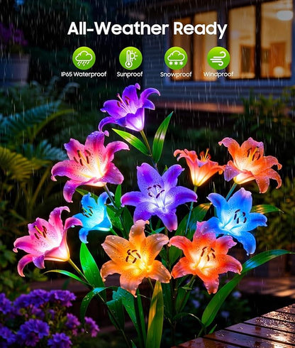 LETMY Solar Garden Lights, 2 Pack Solar Flower Lights with 6 Head Bigger Lily Lights, IP65 Waterproof Solar Lights Outdoor, Decorative Lights for Garden, Patio, Yard