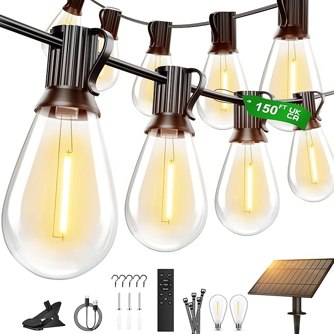 150FT Solar String Lights Outdoor with Remote, USB, Timer & 62 Shatterproof Bulbs, 2200K Soft Warm White, Dimmable | Lumora
