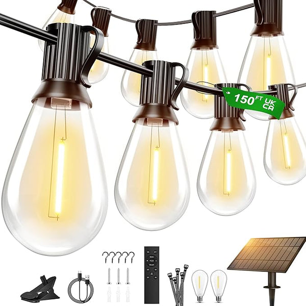 150FT Solar String Lights Outdoor with Remote, USB, Timer & 62 Shatterproof Bulbs, 2200K Soft Warm White, Dimmable | Lumora
