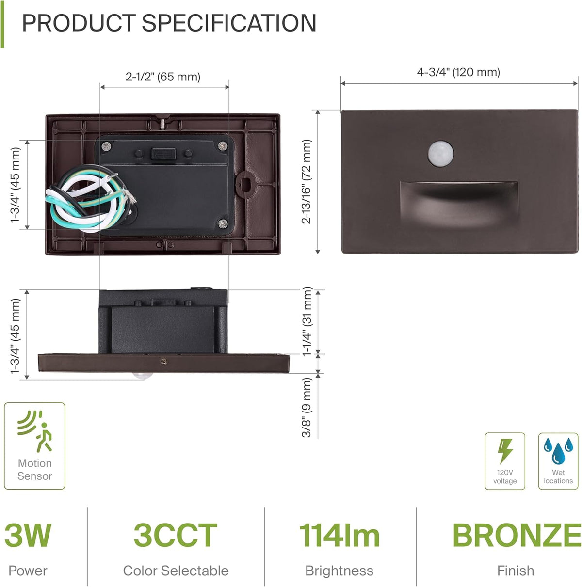 ASD LED Recessed Step Light Fixture, Outdoor & Indoor Tread Lighting | 3CCT, Motion Sensor, Waterproof, ETL Listed | Lumora
