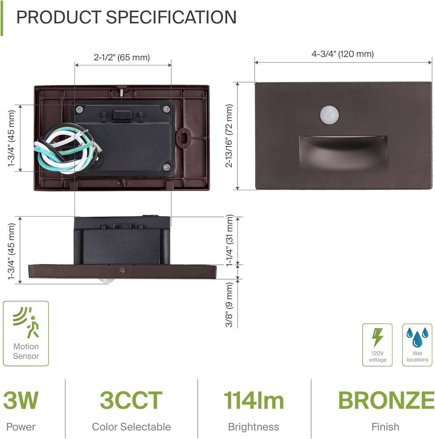 ASD LED Recessed Step Light Fixture, Outdoor & Indoor Tread Lighting | 3CCT, Motion Sensor, Waterproof, ETL Listed | Lumora