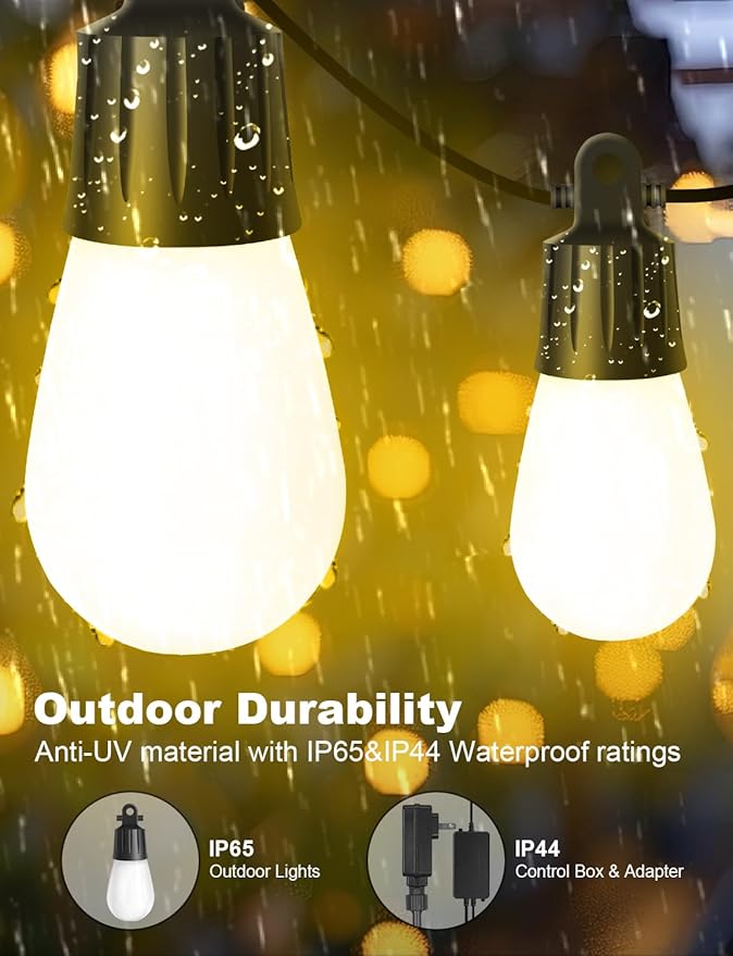 Outdoor String Lights APP Control with Remote, 64(52+12) ft RGB+IC+Warm White Outdoor Lights 18 LED Bulbs Music | Lumora