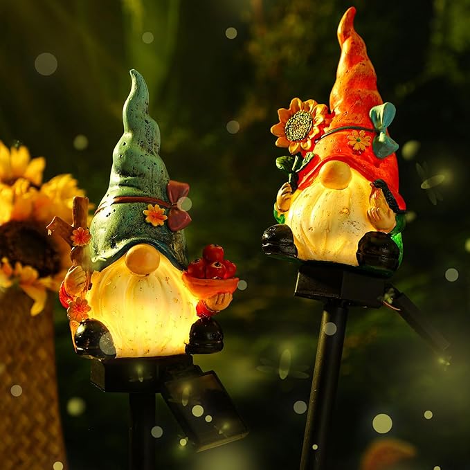 2 Pack Garden Decor Gnome Statues with Solar Lights Gnomes Lights Gifts for Mom Grandma Gnome Figurine for Outdoor Garden Pathway Lawn Patio Yard Decoration