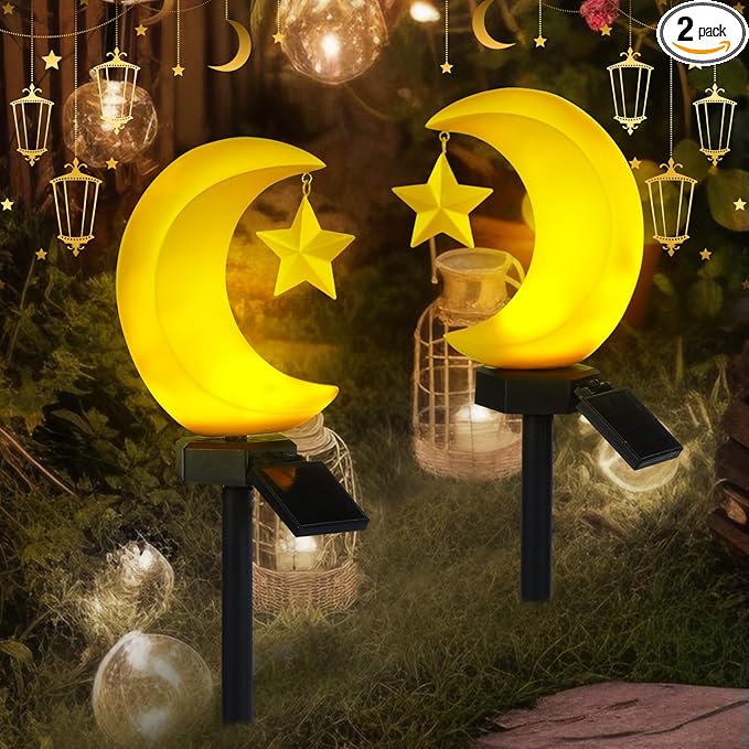 2 Pack Solar Eid Mubarak Lights Decorations Outdoor Ramadan Lights Moon Star Stakes Solar Light Eid Mubarak Decorations Ramadan Lantern Waterproof for Pathway Garden Patio Lawn Yard Walkway Decor