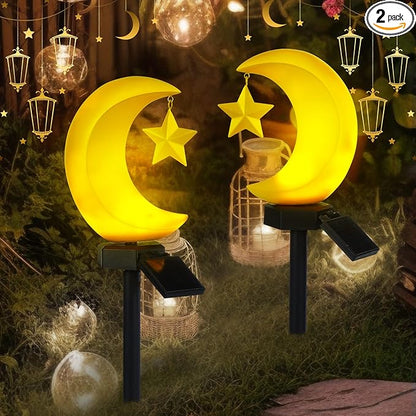 2 Pack Solar Eid Mubarak Lights Decorations Outdoor Ramadan Lights Moon Star Stakes Solar Light Eid Mubarak Decorations Ramadan Lantern Waterproof for Pathway Garden Patio Lawn Yard Walkway Decor
