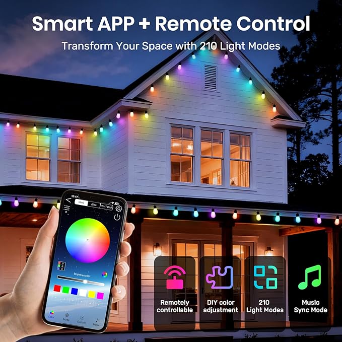 Smart Outdoor String Lights, 50FT RGB+IC & Warm White Christmas Outdoor Lights with 20 LED Dimmable Bulbs, String Lights with APP Control&Remote, IP65 Waterproof, 210 Modes for Christmas Patio,Balcony