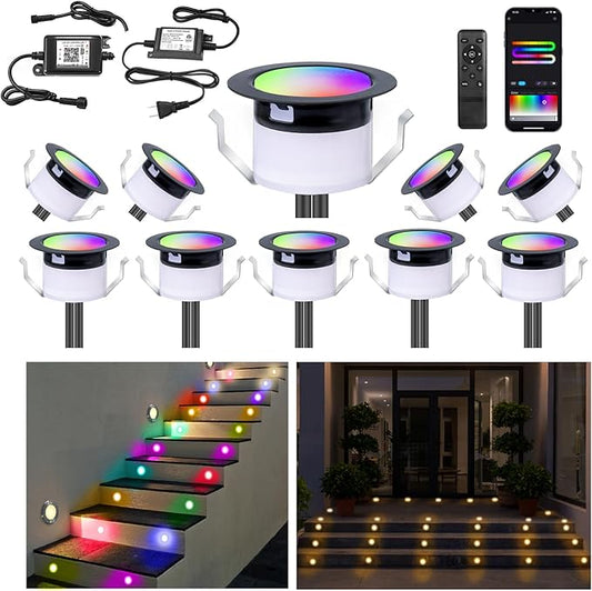 FVTLED LED Deck Lights Kit, Φ1.22 Low Voltage WiFi Pixel RGBW+IC Multi-Color Dynamic Deck Lighting with Remote Control, IP67 Waterproof Outdoor Step Lights DC12V for Garden,Steps,Stair(10 Pack, Black)