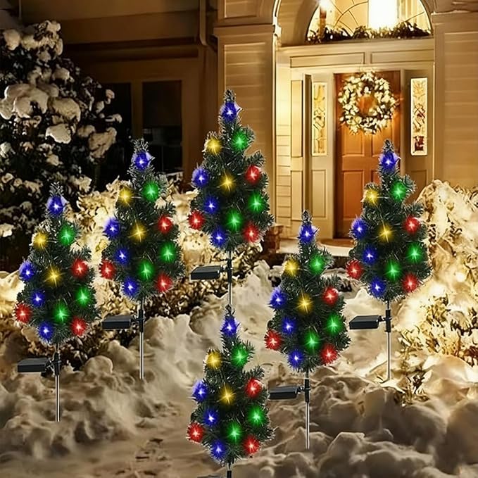 Solar Powered Mini Christmas Trees, 2026 New Solar Christmas Tree Lights Holiday Decorations, Solar Christmas Lights Outdoor Xmas Tree for Yard, Pathway, Porch, Cemetery (1PC-Colored Lights)