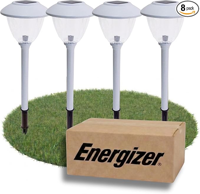 Energizer Solar LED Lights Outdoor - 8 Pack 15 Lumen Patio Lights Solar Powered & Waterproof with Patterned Glass & Metal Finish, Easy Installation Landscaping Lights for Lawn Decoration - White
