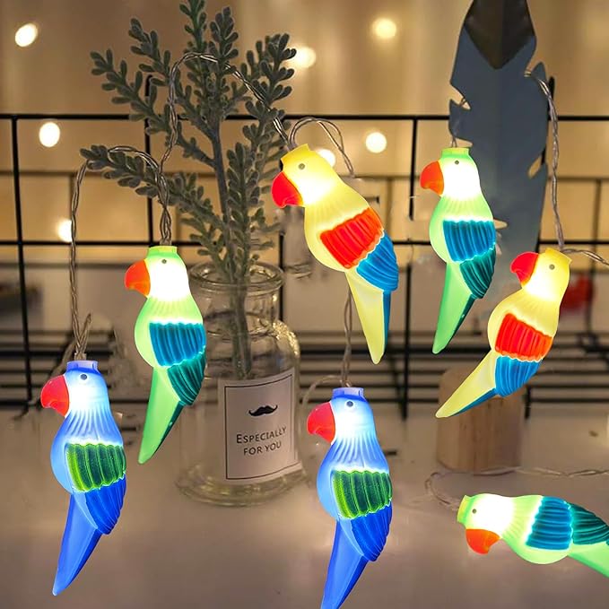 Outdoor Parrot String Lights, 8.5Ft Tropical Themed LED Patio String Lights with 10 Multicolor Birds Lights, Hanging Novelty Garden Lights for Outdoor Patio Deck Backyard Trees Stair Rails Decoration