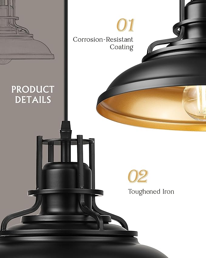 FEMILA Black & Gold Pendant Lights for Kitchen Island, 12" Farmhouse Pendant Light Fixture, Adjustable Hanging Barn Lights Outdoor for Dining Room, Entryway, 4FY15-MP BK-1