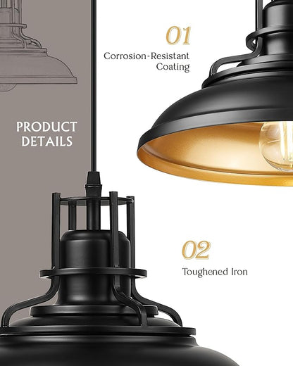 FEMILA Black & Gold Pendant Lights for Kitchen Island, 12" Farmhouse Pendant Light Fixture, Adjustable Hanging Barn Lights Outdoor for Dining Room, Entryway, 4FY15-MP BK-1