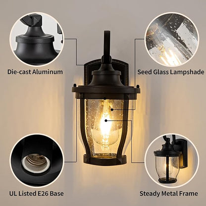 Outdoor Wall Light Fixtures 2packs Exterior Porch Lights 12.7" Lantern Sconce with Seeded Glass Shade Wall Mount Outside Lights for Garage Front Door Pathways Balcony Patio Cafes Black