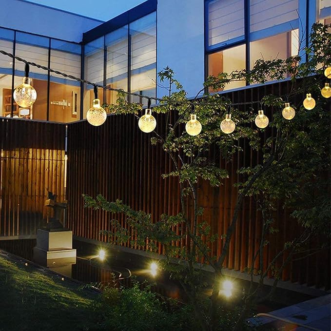 Solar String Lights Outdoor Lights LED Waterproof Warm Color Light String with Bubble Ball 8 Functions Crystal Bead Lights Christmas Lights Garden Courtyard Decoration